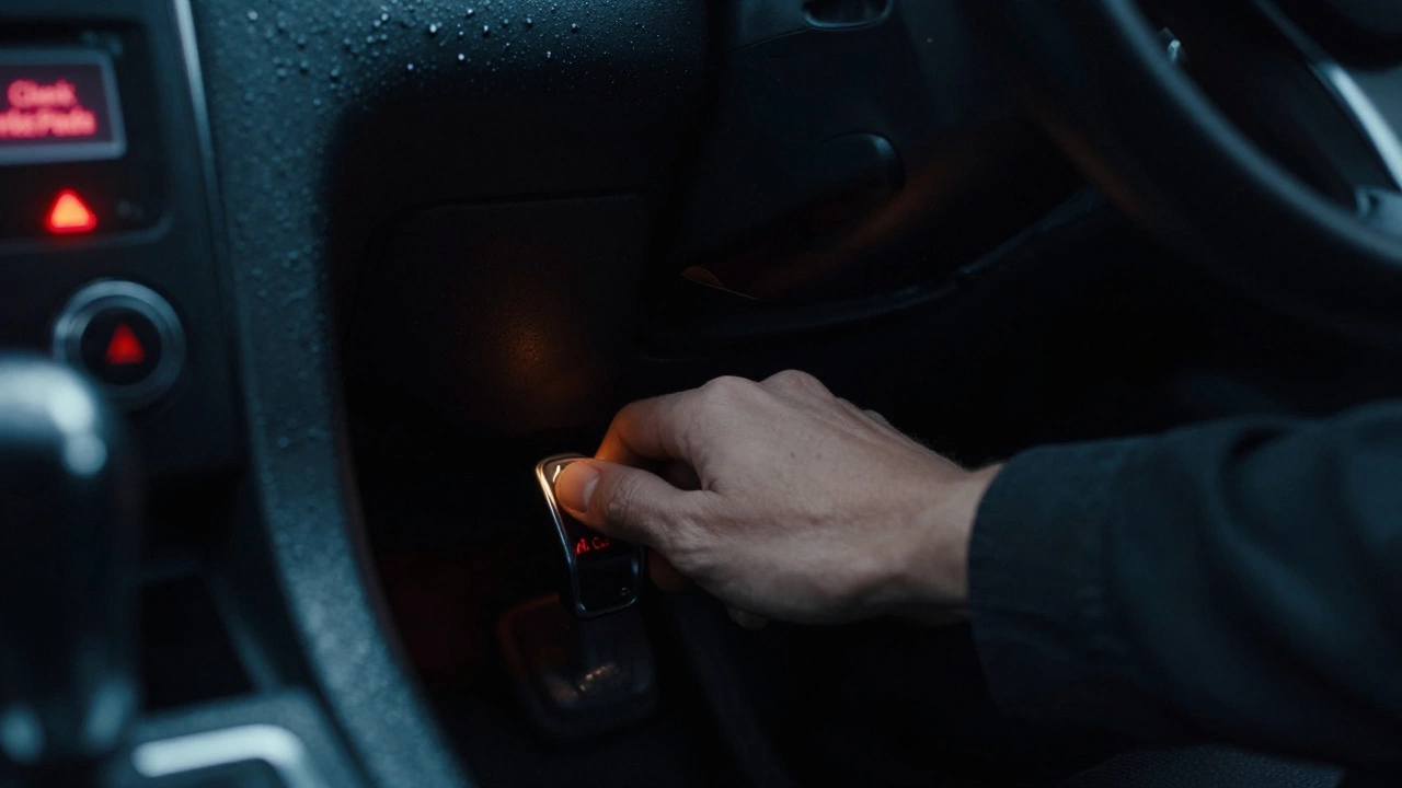 Рука водителя нажимает тормоз до пола, на приборной панели горит предупреждающий сигнал.