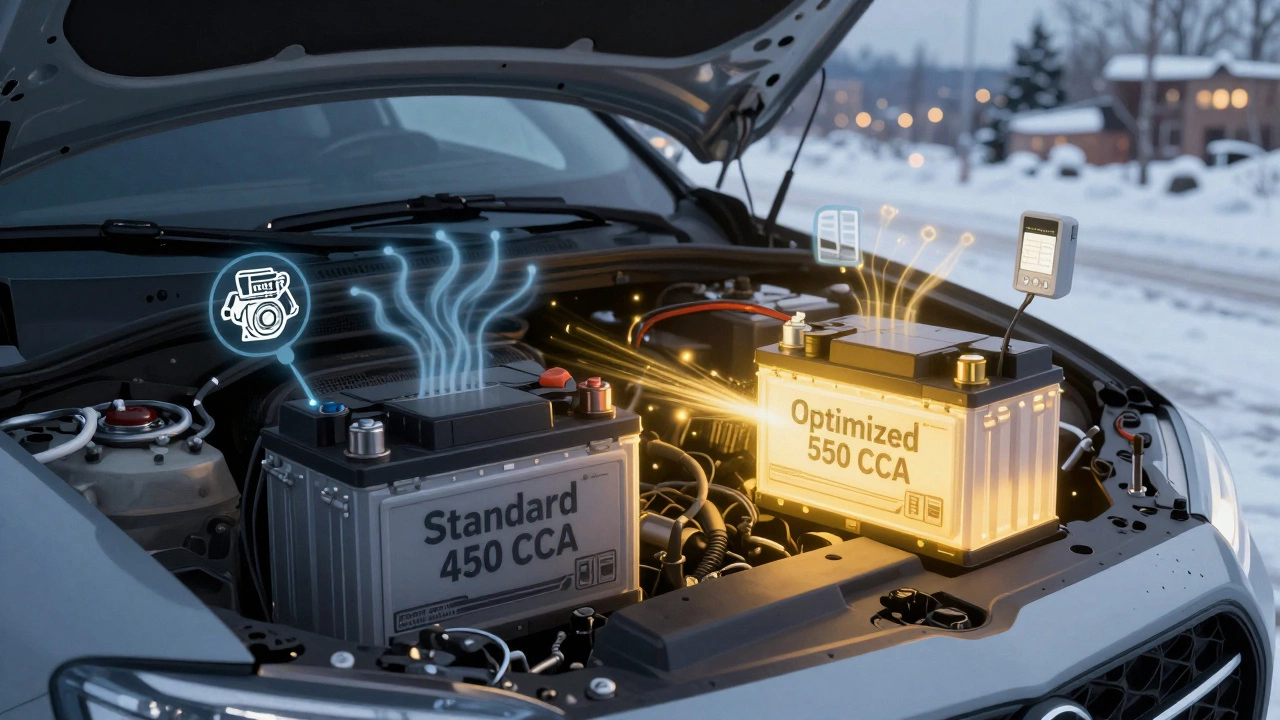 Сравнение двух аккумуляторов в моторном отсеке: слабый и мощный, на фоне зимнего пейзажа России.