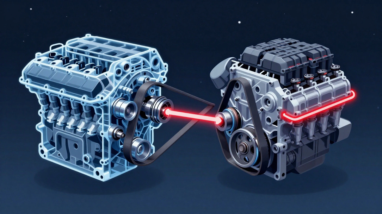 Сравнение правильной и неправильной установки ремня ГРМ с внутренними повреждениями двигателя.