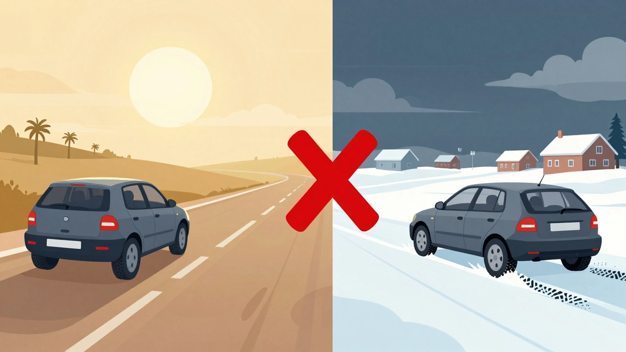 Сравнение всепогодных шин в теплом и холодном климате: справа — снег и лед, слева — лето.