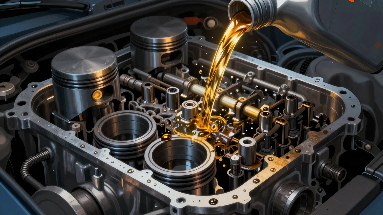 Внутренние детали двигателя, подвергающиеся коррозии от старого масла, с потоком свежего масла сверху.