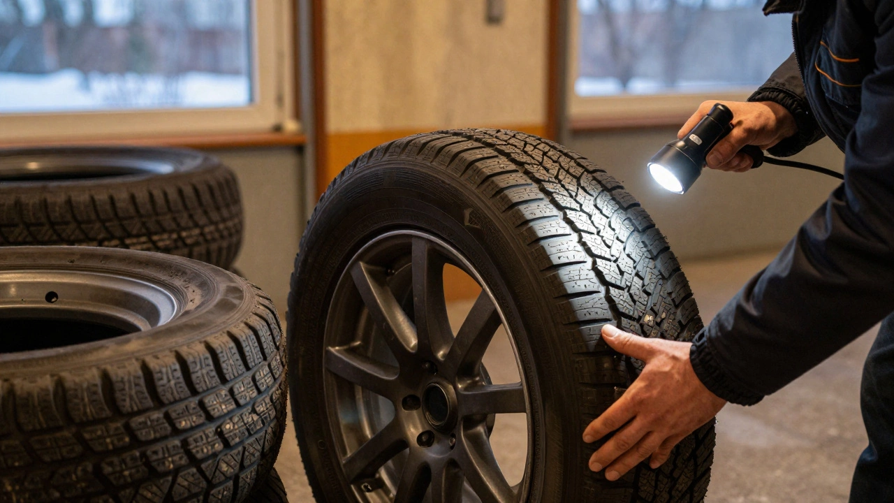 Водитель проверяет маркировку зимней шины в гараже
