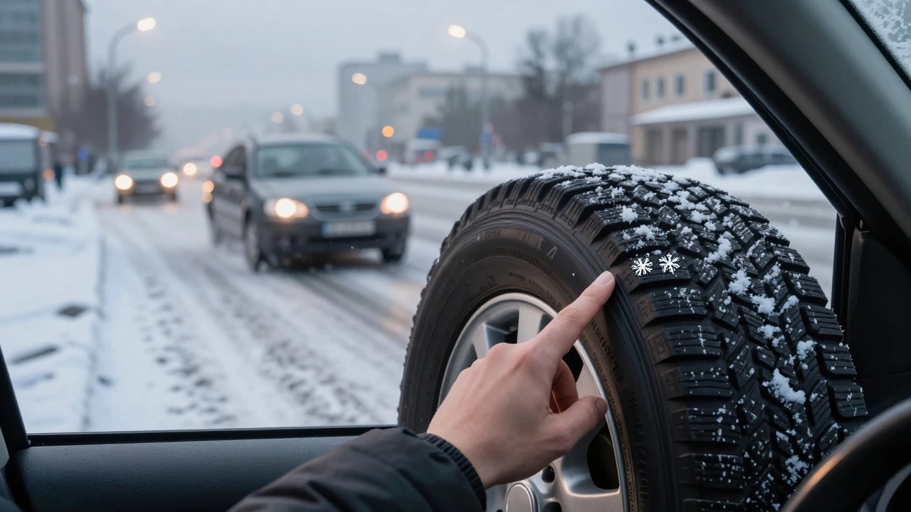 Водитель указывает на снежинку на шине, за спиной — опасные зимние дороги