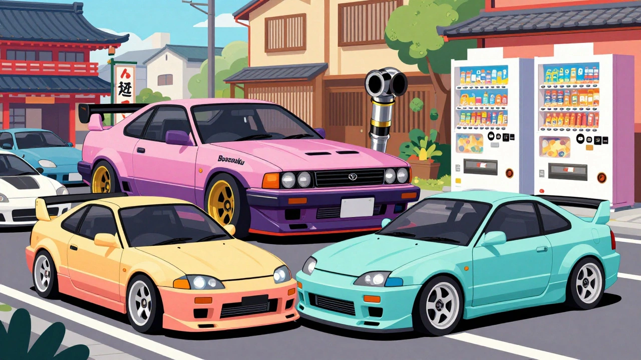 Яркая иллюстрация с тюнингованным кей-каром и автомобилем в стиле босодзоку