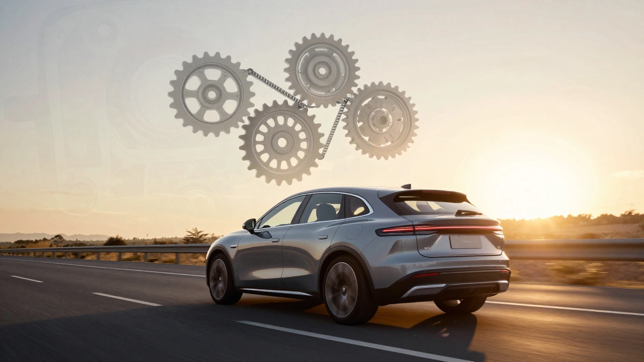 Автомобиль на дороге с прозрачным изображением системы ГРМ