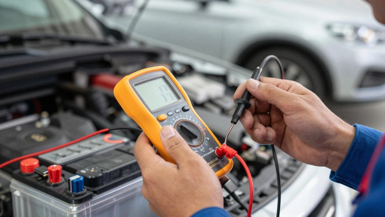 Электрик измеряет напряжение автомобильного аккумулятора цифровым мультиметром.