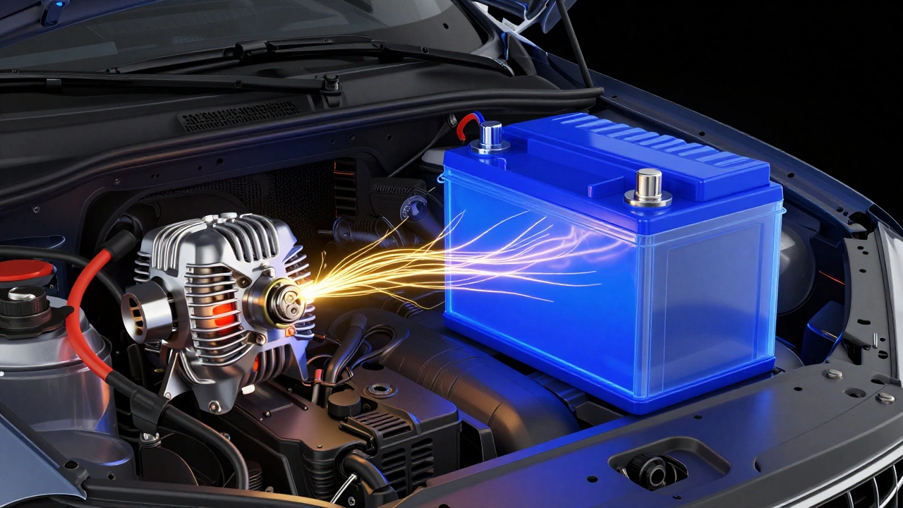 Концептуальная схема работы генератора и зарядки большого аккумулятора в авто.