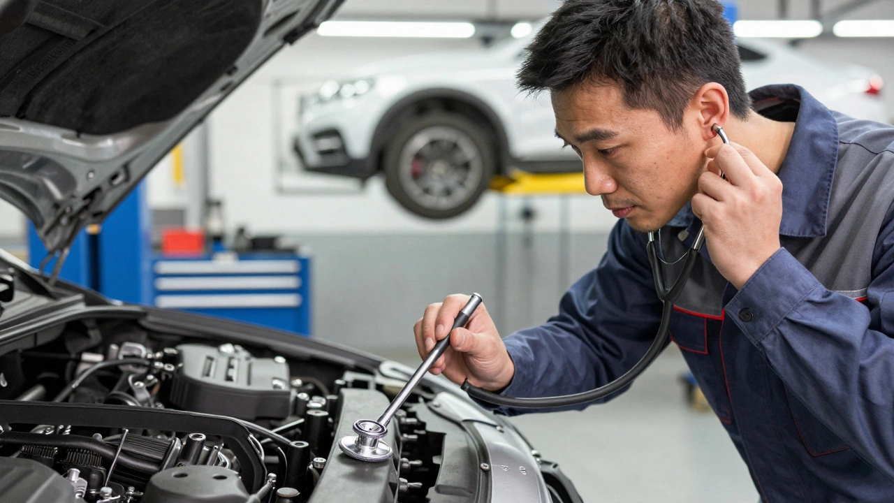 Механик диагностирует шум в двигателе с помощью отвертки-стетоскопа