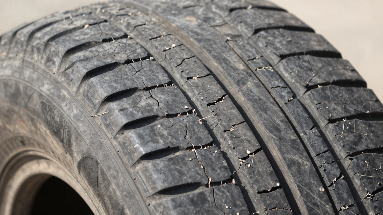 Мелкие трещины и серая поверхность старой автомобильной шины