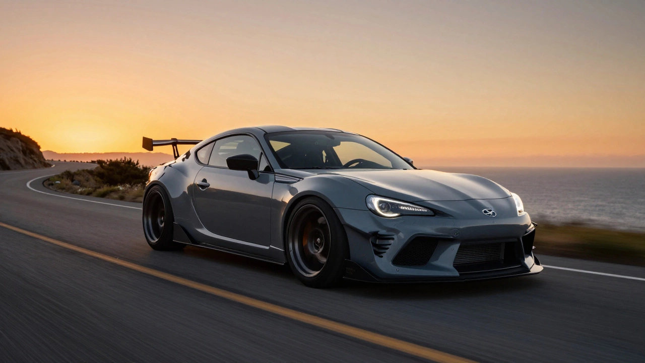 Модифицированный спортивный автомобиль на извилистой дороге на закате