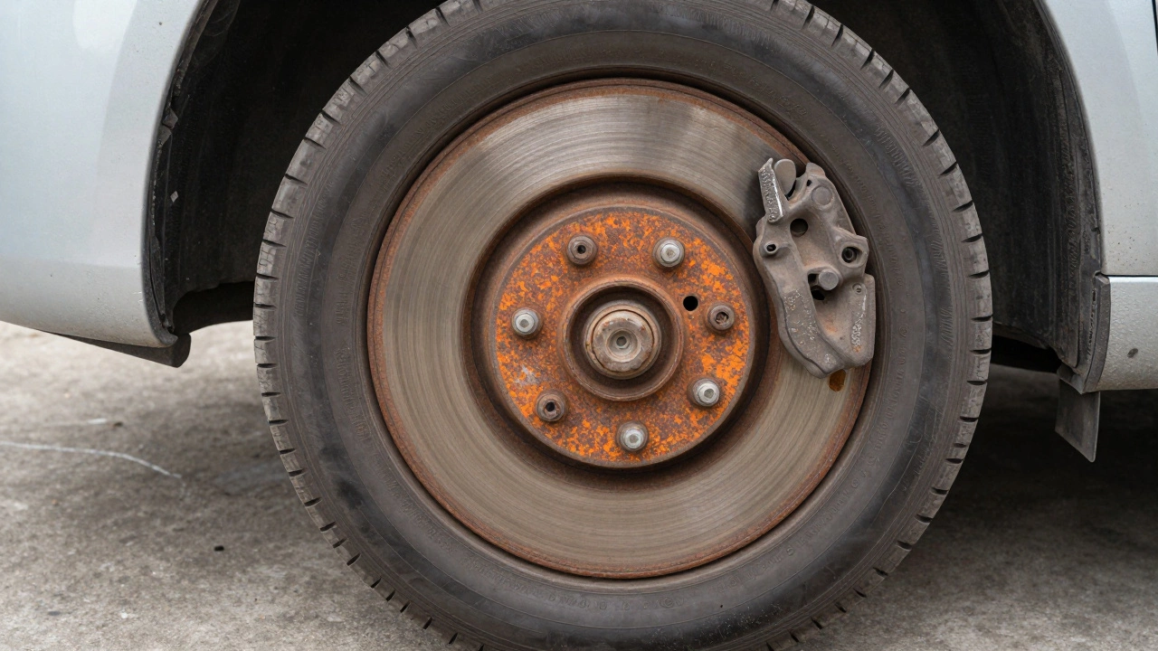 Ржавый тормозной диск и деформированная шина автомобиля