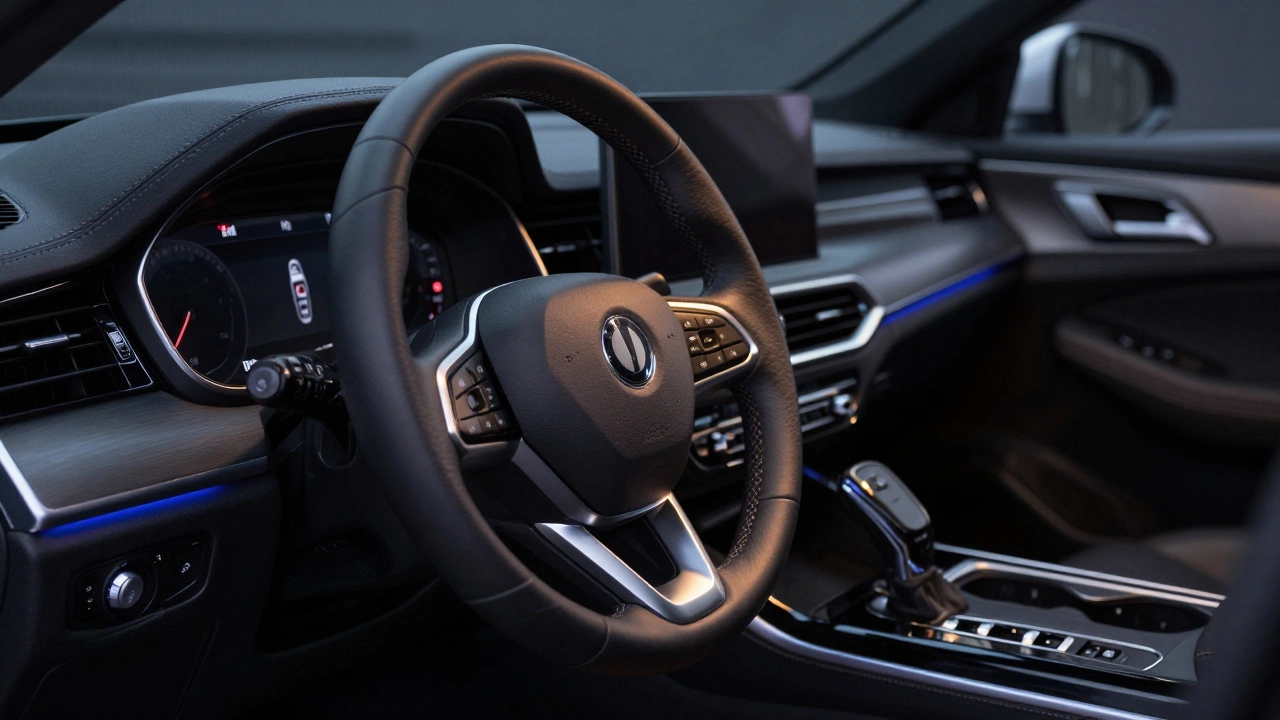 Современный интерьер автомобиля с тюнингованным рулем и аудиосистемой