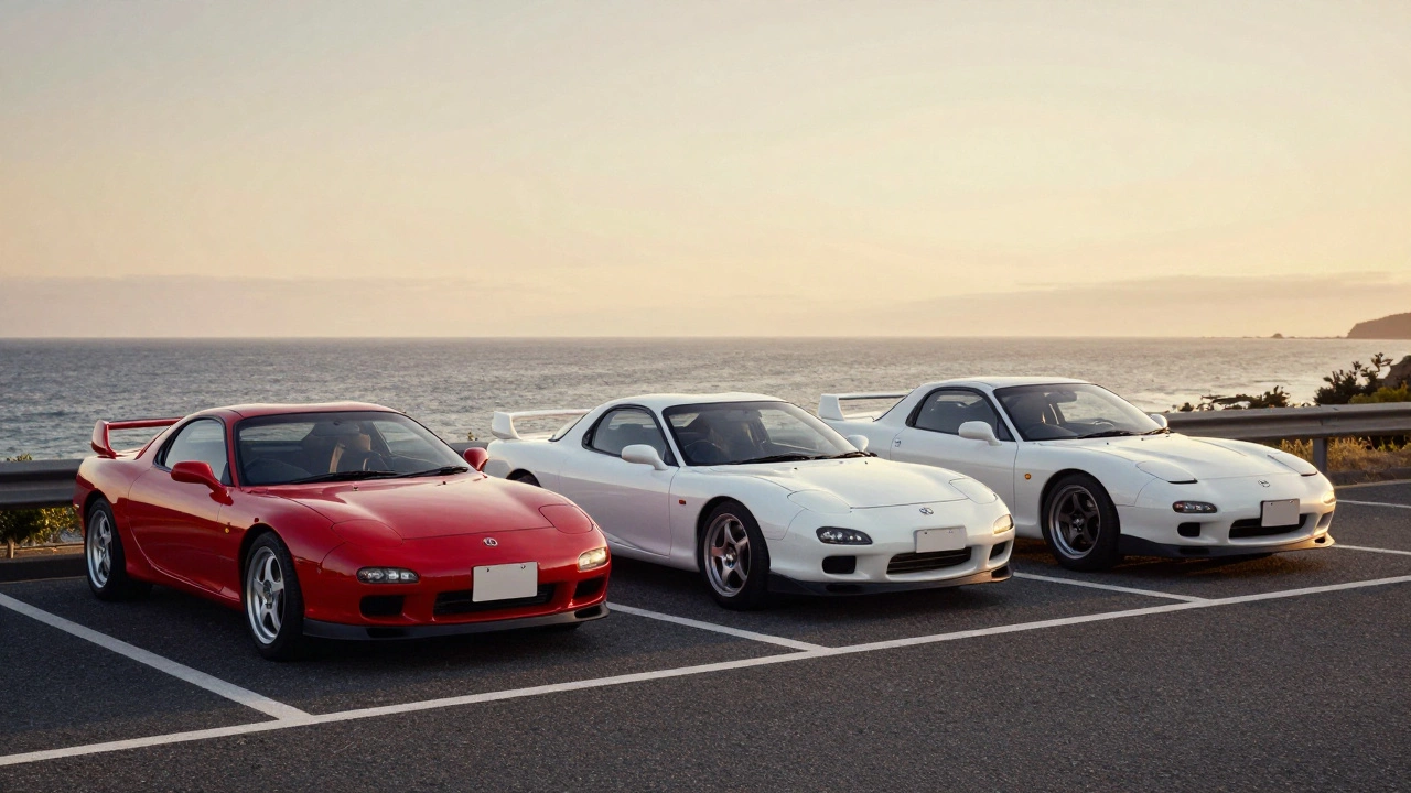 Три легендарных японских спорткара 90-х на фоне океана в лучах заката