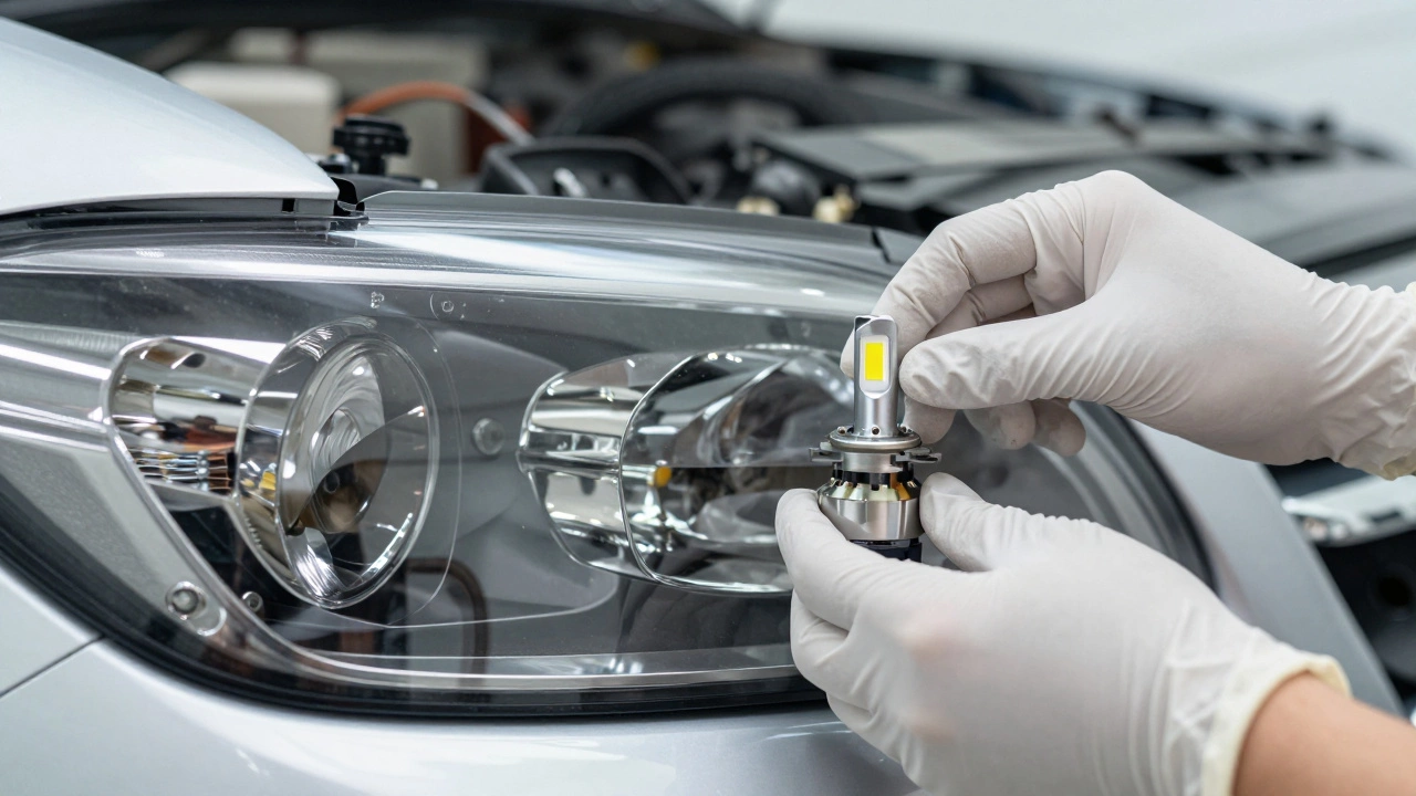 Установка новой LED лампы в отполированную фару автомобиля в перчатках