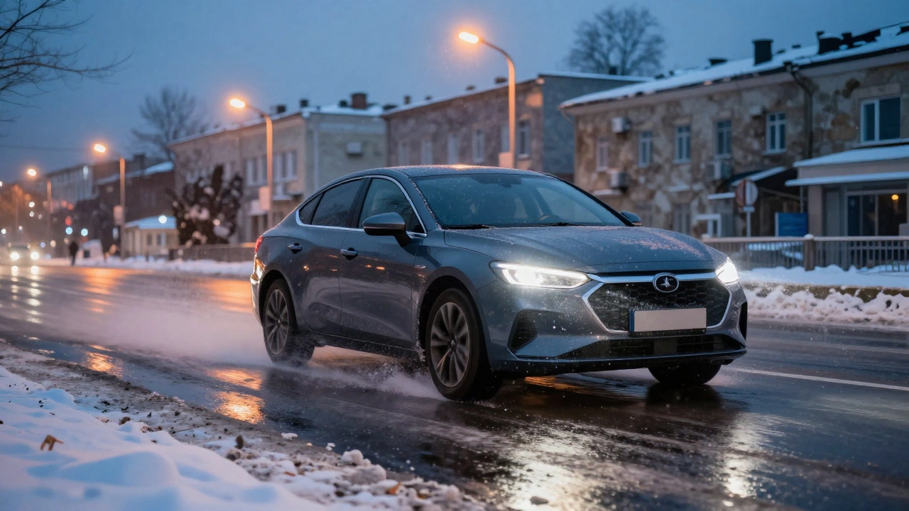 Автомобиль едет по заснеженной городской дороге в сумерках