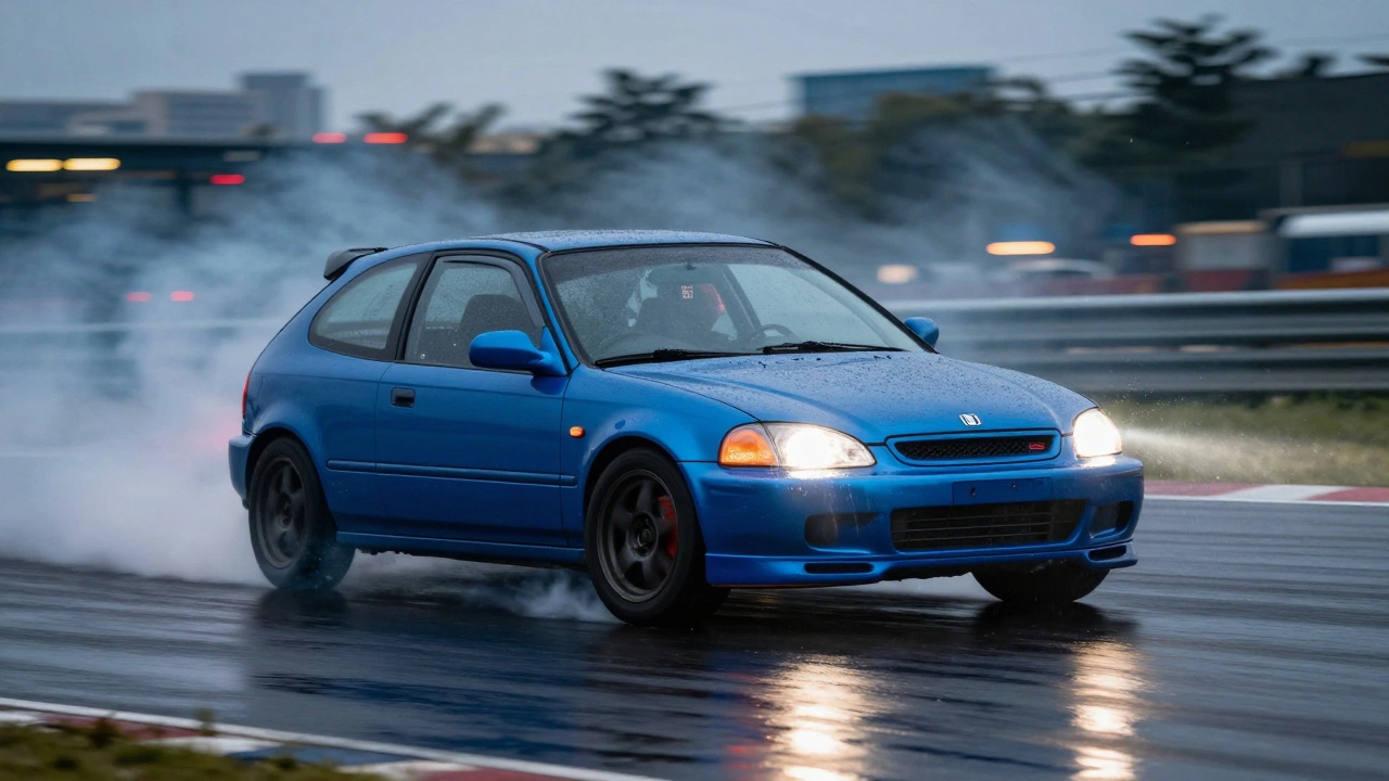 Honda Civic EK9 заносит на мокрой трассе в вечернее время