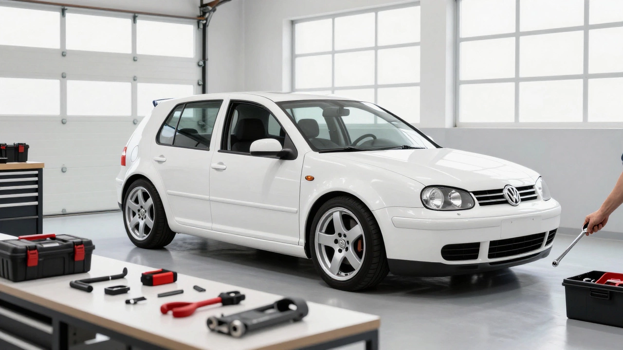 Volkswagen Golf IV в чистом гараже с инструментами для тюнинга