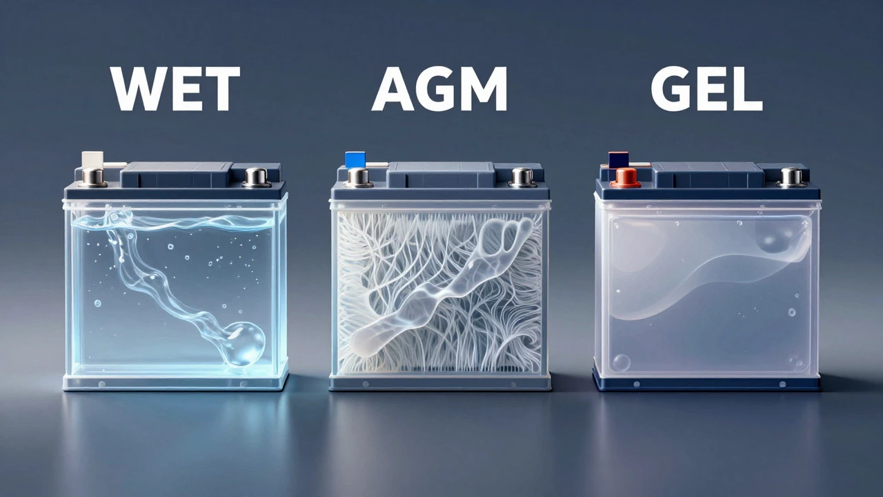 Сравнение внутренних структур аккумуляторов WET, AGM и GEL в концептуальной иллюстрации