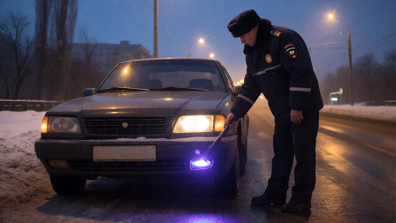 Инспектор ГИБДД проверяет незаконные цветные фары зимой